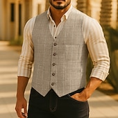 preiswerte Herrenweste-Herren Weste Tweedweste Formell Hochzeit Urlaub Lässig Mode Klassisch Frühling Herbst Tasche Knöpfe Polyester Webfaser Bequem Karomuster Einreihig V Ausschnitt Normale Passform Schwarz Champagner