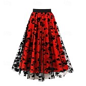 billiga Halloween Bottoms-Dam Kjol Gunga Mode Ledigt Maxi Mellanhög midja Kjolar Blommig Sparkle Tulle Microelastisk Semester Halloween Röd Orange Kaki Vår Polyester