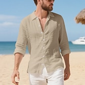 preiswerte Baumwoll-Leinenhemd-Herren Hemd Leinenhemd Freizeithemd Knopfhemd Baumwollhemd Einfach Urlaub Hawaiianisch Schwarz Weiß Gelb Marineblau Langarm Revers Frühling Herbst Bekleidung