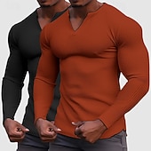 baratos Camiseta de malha waffle-Homens Camisa Waffle Camiseta T-shirt Camisa de manga longa Manga Longa Decote V Henley Primavera &amp; Outono Todas as Estações Tecido Moda Designer Básico 2 Peças Multi-pack Férias Rua Casual C D E Top