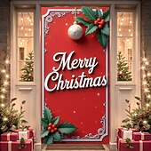 Christmas Door Cover Red Background Holiday Decoration Drapes with Santa Claus Christmas Ornaments Holly Leaves and Red Berries Print for Home Entryway Living Room Bedroom Festive Winter Decor3