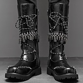 cheap Biker Boots-Men's Punk Gothic Combat Boots – Black Lace-Up Mid-Calf Boots with Buckle Straps, Spiked Studs, and Heavy Duty Sole for Halloween, Cosplay and Nightlife Parties