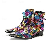 preiswerte Hochwertige Lederstiefel-Herrenstiefel mit Regenbogenmuster und reflektierender Textur – stylische und farbenfrohe Schuhe für Festivals, Partys und Modebegeisterte