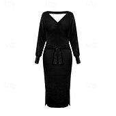 levne Svetrové šaty-Dámské Midi šaty Svetrové šaty Pletené šaty Elegantní Módní Moderní Netopýří rukávy Dovolená Denní Jdeme ven Běžný Bez vzoru Dlouhý rukáv Do V Černá Rubínově červená Khaki Šedá Podzim Zima