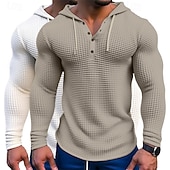 billige Vaffelstrikket T-skjorte-Herre Vaffelskjorte T skjorte T-skjorte Langermet skjorte Langermet Med hette Vår &amp; Vinter Alle årstider عادي Mote Designer Grunnleggende 2 deler Knapper Feriereise Gate Avslappet Army Green + Grey