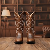 billiga Cowboy &amp; Western Boots-vintage cowboystövlar i brunt och svart konstläder för män med invecklade broderier - slitstarka och snygga för rodeo och vardagsbruk