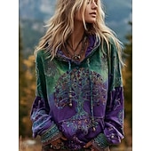  Kvinnenes 3D Print Vintage Boho Hoodie Patchwork Hoodie Sweatshirt Blomster Viking Pullover Sweatshirt Blomster Grafikk Vintage Casual Langermet Hettegenser Gate Print Frontlomme Grønn Vår Høst Vinter