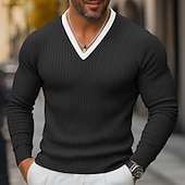 preiswerte Geripptes Strick-T-Shirt-Herren T Shirt Muskelshirt Geripptes Strick-T-Shirt T-Shirt Langarm V Ausschnitt Frühling Herbst Winter Einfach Grubenstreifen Mode Designer Basic Stricken Urlaub Straße Lässig Schwarz Blau Purpur