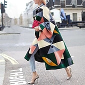 billiga 3D Kappor-Dam Kappa Trenchcoat Håller värmen Bekväm Mönster Mode Modern Ledigt Geometrisk Utekväll Helgen Lång Nedvikt Normal Långärmad Ytterkläder Gul Grön Mörkblå Vinter