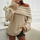 abordables Couleurs unies-Femmes Pull Mode Streetwear Occasionnel Couleur Unie Côtelé Épaules Dénudées Tricoté manche longue Hauts Réguliers Tricoter Extérieur Quotidien Week-end Beige Automne Hiver