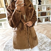 preiswerte Felle &amp; Leder-Damen Mantel Kunstpelzmantel Warm Bequem Tasche Lässig Einfach Urlaub Straße Lässig Alltagskleidung Lang Umlegekragen Normale Passform Langarm Oberbekleidung Blau Braun Khaki Herbst Winter