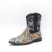 tanie Kowboj i zachodnie buty-Kowbojskie buty męskie z nadrukiem w panterkę – egzotyczne, skórzane buty w stylu western do połowy łydki, idealne na rodeo, występy sceniczne i modowe imprezy