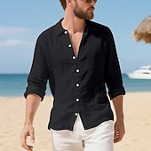 preiswerte Baumwoll-Leinenhemd-Herren Hemd Leinenhemd Freizeithemd Knopfhemd Baumwollhemd Einfach Urlaub Hawaiianisch Schwarz Weiß Gelb Marineblau Langarm Revers Frühling Herbst Bekleidung