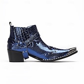 cheap Premium Leather Boots-Men's Premium Cowhide Blue Croc Pattern Leather Chelsea Boots, Stylish Harley Motorcycle Boots for Rock Concerts, Parties, Nightclub Fashion and Stage Wear