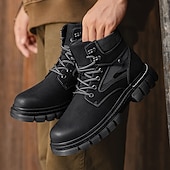 olcso Harci bakancs-Fekete műbőr férfi fűzős csizma vastag talppal és katonai stílussal – tökéletes Harley-Davidson motorosoknak, punk rockereknek, hétköznapi viseletnek és trendi utcai divatnak.