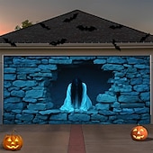 cheap Halloween Garage Door Cover-Halloween Garage Door Cover 3D Relief Grim Reaper with Hooded Cloak Banner Haunted House Horror Scene Spooky Backdrop Tapestry for Outdoor Wall Fence Yard Halloween Party Decoration