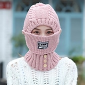tanie ogrzewanie i chłodzenie-Czapka dzianinowa z ochraniaczami na uszy, damska, zimowa, ciepła, z podszewką z polaru, komplet czapek z grubej dzianiny, odpinana maska na twarz, akcesoria do jazdy na rowerze na świeżym powietrzu i