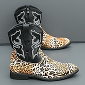 tanie Kowboj i zachodnie buty-Kowbojskie buty męskie z nadrukiem w panterkę – egzotyczne, skórzane buty w stylu western do połowy łydki, idealne na rodeo, występy sceniczne i modowe imprezy