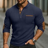 preiswerte Lässiges Henley-T-Shirt-Herren Waffel-T-Shirt Waffel-Henley-Hemd Langarm Stehkragen Frühling &amp; Herbst Ganzjahres Einfarbig Mode Basic Lässig Taschen Falscher Zweiteiler Straße Lässig Sport Schwarz Marineblau Armeegrün Top
