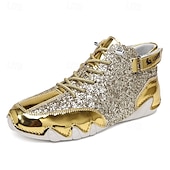 Недорогие Мужские ботинки-Мужские высокие кроссовки золотисто-белого цвета с блестящей отделкой — стильные и смелые, идеально подходят для вечеринок, модных вечеров и модных образов