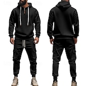 abordables Survêtements de base-Homme Ensemble Survetement Ensemble de tenues Ensemble de sweats à capuche Sweat à Capuche Extérieur Quotidien Sports Cordon de serrage Avec Poches Uni Rouge vin Noir Blanche Polyester Tenues de Sport
