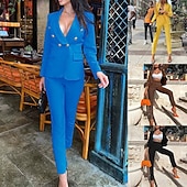 abordables Ensembles chemisiers pour femmes-Femmes Actif Mode Ensembles de Pantalons Blazers Costumes manche longue Col de chemise Uni Dubbele Rij Knopen Vacances Décontracté Quotidien Noir Blanche Jaune Automne Coupe régulière