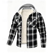 baratos Casacos &amp; Sobretudos para Homem-Homens Casaco de lã Jaqueta casual Casaco com capuz Férias Diário Térmico / Quente Bolsos Tosão Outono Inverno Xadrez Moda Roupa de rua Com Capuz Padrão Preto Verde Azul Escuro Casaco
