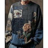 Men's Pullover Sweater Jumper Knit Sweater Ribbed Knit Regular Tops Knitted Print Floral Print Crew Neck Country Vintage Retro Vacation Daily Wear Clothing Apparel Fall Winter Gray S M L4