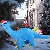abordables luces navideñas al aire libre-Papá Noel navideño con sombrero azul de Navidad, dinosaurio LED con luz, modelo inflable impermeable para interiores y exteriores, patio, césped, fiesta, ambiente festivo, decoración, luz de apoyo