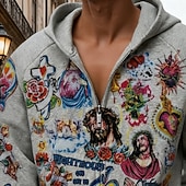 economico felpe 3d da uomo-Per uomo Gesù Felpa con Cappuccio Moda Quotidiano Casual Manica Lunga Con Cappuccio Vacanza Feste Abbigliamento casual alla moda Festival Grigio Con zip Tasca Stampa Primavera Autunno progettista S M