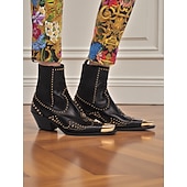 ゴールドのスタッズとメタルトゥが付いたレディースのブラックレザーウエスタンアンクルブーツ - ファッションストリートウェアやパーティーに最適なカウボーイスタイルのチャンキーヒールブーツ お買い得  チェルシーブーツ-ゴールドのスタッズとメタルトゥが付いたレディースのブラックレザーウエスタンアンクルブーツ - ファッションストリートウェアやパーティーに最適なカウボーイスタイルのチャンキーヒールブーツ