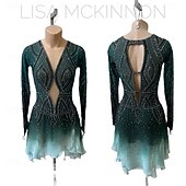 Figure Skating Dress Women's Girls' Ice Skating Dress Dark Green Patchwork Asymmetric Hem Mesh Spandex High Elasticity Training Competition Skating Wear Classic Crystal / Rhinestone Long Sleeve Ice3