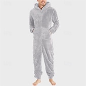 baratos Pijamas-Men's Loungewear Bodysuits Sleepwear 1 PC Plain Warm Fashion Stylish Home Daily Bed Sherpa Polar Fleece Thermal Warm Comfort Soft Hoodie Long Sleeve Pocket Fall Winter Light Pink Black