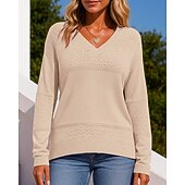 billiga Huvtröja &amp; Sweatshirt-Dam Stickad tröja Pullover tröja Ihålig Långärmad Överdelar Fritids- Höst V-hals Färgblock Mode Utomhus Resor Sport Sportkläder Sportkläder Vinrött Svart Vit
