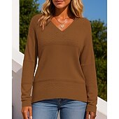 billiga Huvtröja &amp; Sweatshirt-Dam Stickad tröja Pullover tröja Ihålig Långärmad Överdelar Fritids- Höst V-hals Färgblock Mode Utomhus Resor Sport Sportkläder Sportkläder Vinrött Svart Vit