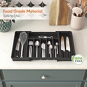 tanie Przechowywanie w kuchni-Duży organizer do szuflady na sztućce, rozkładana tacka na przybory kuchenne, pojemnik na sztućce i sztućce bez BPA, regulowany plastikowy schowek na łyżki, widelce, noże, duży
