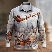 voordelige Kersttafereel Outfit-Kerstmis Voor heren Kerstman Rendier Kerstkostuum Overhemd Overhemd met knopen Lange mouw Grappig Buiten Feestdagen Lente Herfst Strijkijzer 3D-afdrukken Linnenachtig shirt Rood Beige