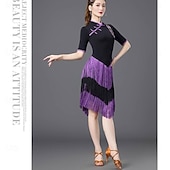 abordables robe de compétition-Robe de compétition de danse latine à franges pour femmes, cheongsam, pompons, jupe d&#039;entraînement de valse, cha cha salsa