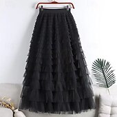 abordables Jupes de Fête-Femmes Jupe Trapèze Élégant Mode Occasionnel Maxi Taille haute Jupes Uni Superposé Micro-Élastique Soirée Rue Vin Noir Blanche Rose Printemps Chiffon Tulle