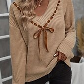 preiswerte Einfarbige Farben-Damen Pullover Mode Weich Einfarbig Gerippt V Ausschnitt Gestrickt Langarm Normale Oberteile Stricken Täglich Ferien Ausgehen Khaki Herbst Winter