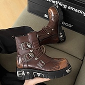 economico Stivali da motociclista-stivali da motociclista punk con lacci, fibbie e dettagli in metallo, con plateau e fiamme gotiche marroni da uomo per feste di Halloween, cosplay horror e festival a tema