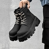 abordables Bottes de travail-Homme Bottes Bottes de Travail Marche ancien Quotidien PU Augmentation de la hauteur Confortable Bottes Mi-Mollet À lacets Noir Automne Hiver