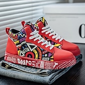 お買い得  カジュアルスニーカー-大胆なデザインのメンズの赤と白のグラフィックハイトップスニーカー。カジュアルな外出、パーティー、普段使いにぴったりのトレンディなストリートスタイル。