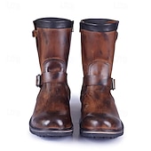 abordables Botas de cuero de primera calidad-Botas de cuero marrón de media pantorrilla para hombre: calzado retro de motociclismo de piel de vaca auténtica con correa de hebilla para estilo motero y uso informal al aire libre.
