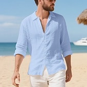 preiswerte Baumwoll-Leinenhemd-Herren Hemd Leinenhemd Freizeithemd Knopfhemd Baumwollhemd Einfach Urlaub Hawaiianisch Schwarz Weiß Gelb Marineblau Langarm Revers Frühling Herbst Bekleidung