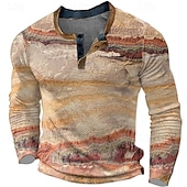 billiga Geometrisk-Herr Grafisk Färgblock Henleytröja Våffel T-shirt Långärmad 3D-tryck Mode Designer Ledigt Utomhussport Helgdag Festival Vår &amp; Höst Gul Blå Orange Grå Henley Henley T-shirt