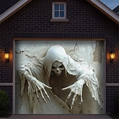 cheap Halloween Garage Door Cover-Halloween Garage Door Cover 3D Relief Grim Reaper with Hooded Cloak Banner Haunted House Horror Scene Spooky Backdrop Tapestry for Outdoor Wall Fence Yard Halloween Party Decoration