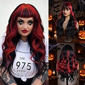preiswerte Party Perücken-Synthetische Perücken Bodywave Gewellt Mittelscheitel Gerader Pony Perücke 26 Zoll Schwarz / Rot Synthetische Haare 26 Zoll Damen Weich Bequem Mehrfarbig