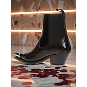 ゴールドのスタッズとメタルトゥが付いたレディースのブラックレザーウエスタンアンクルブーツ - ファッションストリートウェアやパーティーに最適なカウボーイスタイルのチャンキーヒールブーツ お買い得  チェルシーブーツ-ゴールドのスタッズとメタルトゥが付いたレディースのブラックレザーウエスタンアンクルブーツ - ファッションストリートウェアやパーティーに最適なカウボーイスタイルのチャンキーヒールブーツ