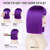 tanie Peruki imprezowe-Fioletowa peruka typu bob z grzywką, krótka, prosta, ciemnofioletowa peruka typu bob dla kobiet, do ramion, syntetyczna, odporna na ciepło, z płaską grzywką, na co dzień, na imprezę, cosplay,